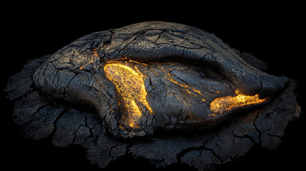 Abstract formation of molten rock, shaped like a powerful emblem, embedded in a cracked basalt surface