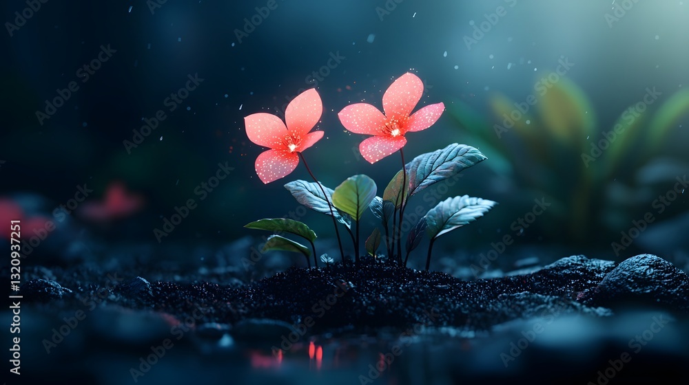 Poster shimmering quantum dots and delicate plant based nanocrystals form intricate and luminescent botanic