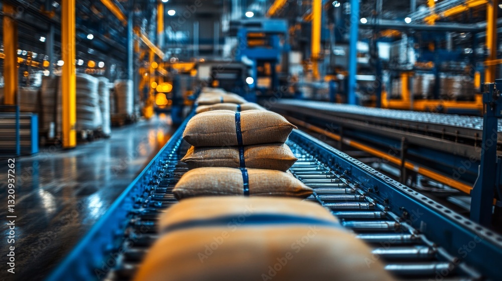Poster automated conveyor belts transport large bags in a well-lit manufacturing facility. the setup highli