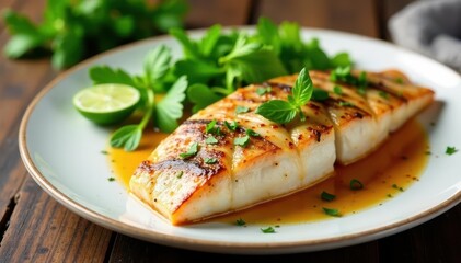 Plate of grilled great white sea bream with herbs, lunch, plate