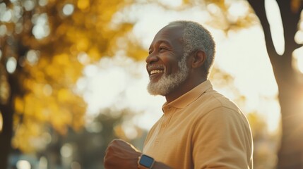 Senior black man smiling and exercising outdoors in a sunny autumn park