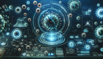 Obraz premium Medical science Futuristic holographic display of virus-like particles, as if being analyzed in a high-tech laborato2