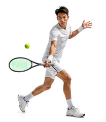 Focused Asian Male Player Mid-Action on the Court, isolated background
