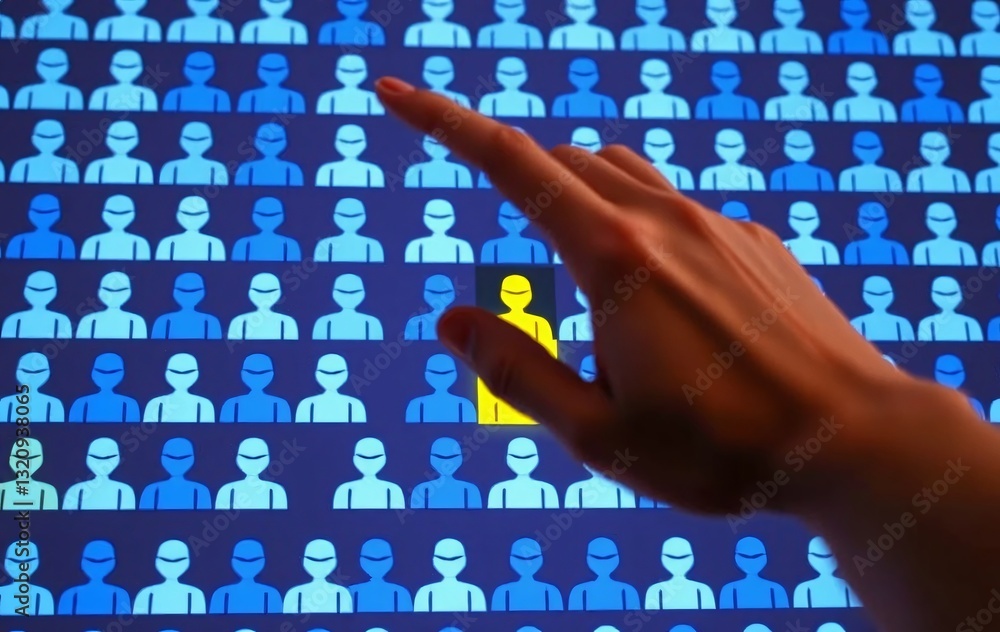 Poster Hand Interaction With Digital User Interface, Showing A Crowd, Selecting An Individual From Many. A Symbol, One Highlighted, Is Chosen On A Glowing Screen. Digital Interface, For Communication Or