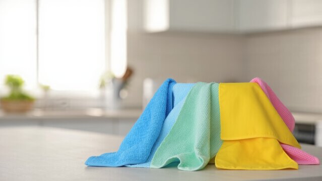 Colorful microfiber cloths in blue, green, yellow, and pink are neatly arranged on a kitchen countertop, with a bright, blurred kitchen background, suggesting cleanliness and household chores