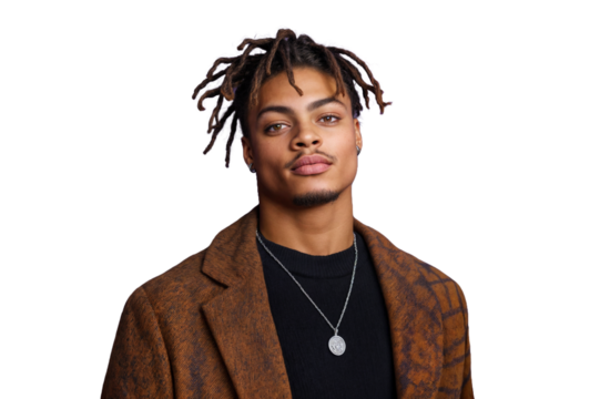 Portrait of a stylish, smiling young African American man with dreadlocks wearing a corduroy jacket and necklace against a white studio backdrop.