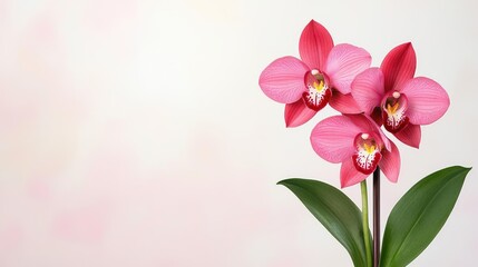 Floral illustration abstract background concept. A vibrant pink orchid flower with lush green leaves against a soft, blurred background.