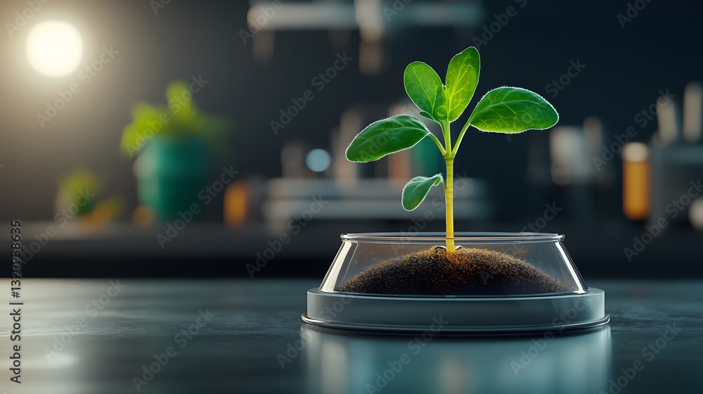 Poster verdant sprout bathed in a warm incandescent glow emerges from a sterile petri dish surrounded by a 