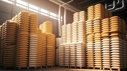 A warehouse filled with stacked bags of corn or rice, organized for efficient storage in a facility.