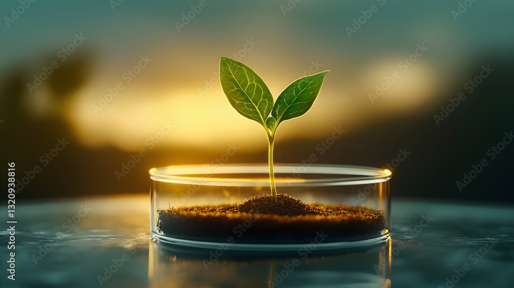 Poster verdant sprout bathed in a warm incandescent glow emerges from a sterile petri dish surrounded by a 