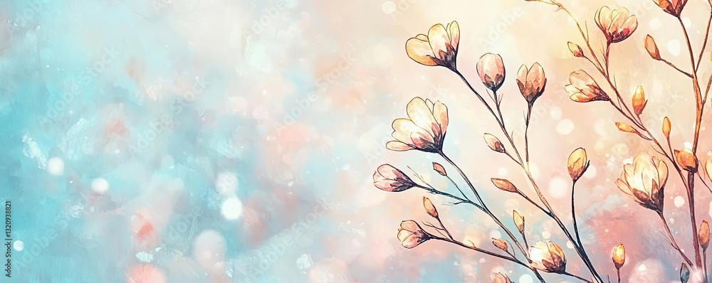 Poster floral illustration abstract background concept. delicate flowers with pastel colors and bokeh backg