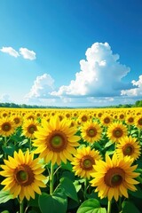 Fototapeta premium Vast sunflower field, blue sky, fluffy clouds, scenic, bright