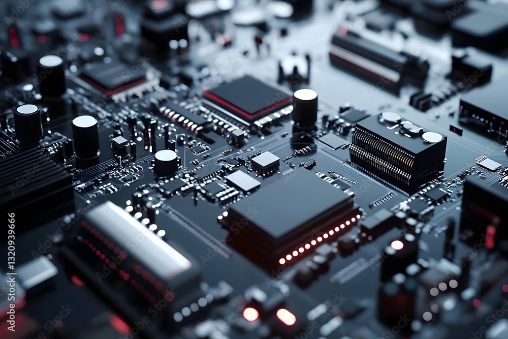 Poster close-up of a complex circuit board with various electronic components and intricate connections