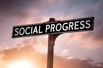 Obraz premium Aged black street sign with the words Social Progress in bold white letters, mounted on a rusty pole against a cloudy sky 