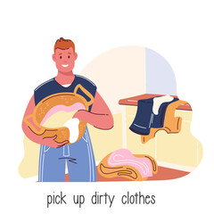 Man picking up dirty clothes in laundry basket cartoon scene. Funny guy with happy smile holding up hamper to pick up laundry. Housekeeping, housework cartoon action for washing vector illustration