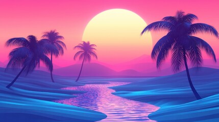 Fototapeta premium Synthwave Oasis: Sunset over a surreal tropical river
