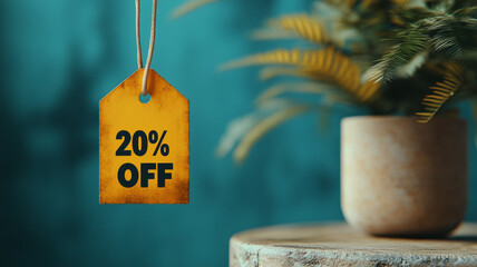 Yellow discount tag with 20% off next to plant on table.