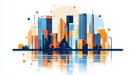 Fototapeta premium Colorful city skyline illustration with reflections, featuring modern buildings and abstract design elements in a vibrant palette.