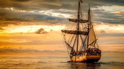 Obraz premium Golden Hour Sail: A Majestic Sailing Ship at Sunset