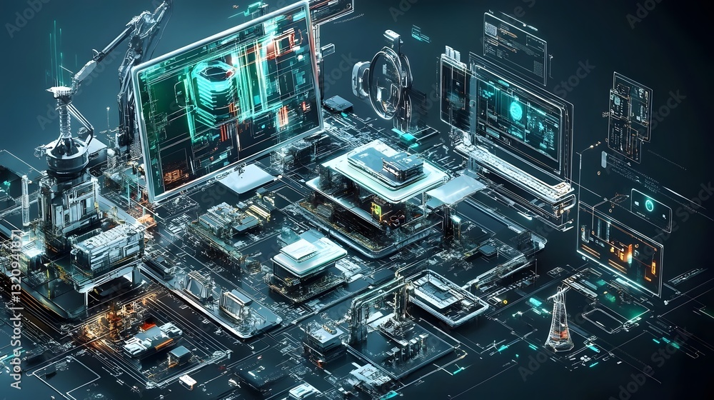 Poster futuristic technology workspace showcasing intricate computer components and holographic displays