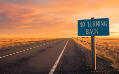 An isolated road under a vast sky, with a sign that reads, No Turning Back, capturing the feeling of an uncertain journey. 