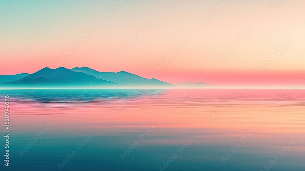 Aufkleber Pastel color illustration abstract background idea. Serene mountains reflected in a tranquil lake at sunset, creating a captivating atmosphere.