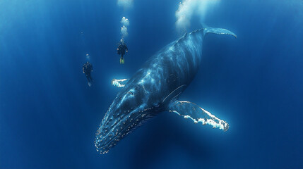 Naklejka premium Diver Swimming With a Majestic Humpback Whale in Clear Blue Ocean Waters During a Vibrant Underwater Exploration