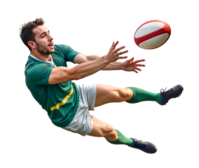 Rugby player making an airborne maneuver to catch a rugby ball