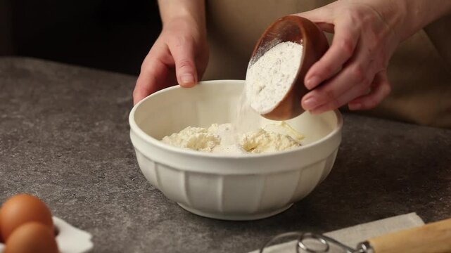 A woman's hand adds flour to a bowl of baking ingredients.