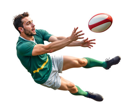 Rugby player making an airborne maneuver to catch a rugby ball