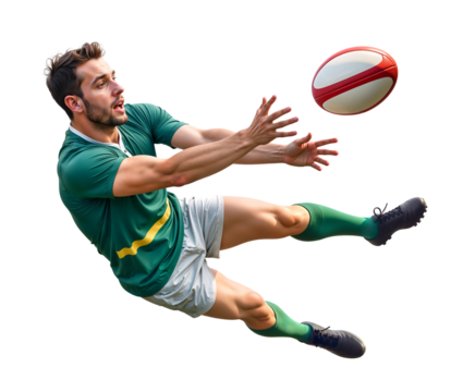 Rugby player making an airborne maneuver to catch a rugby ball