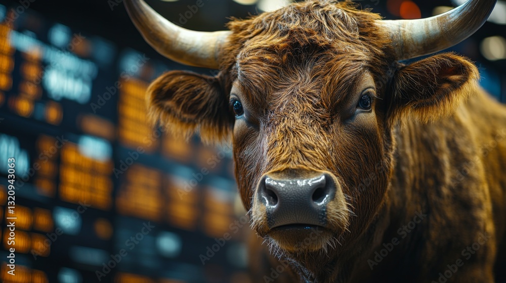 Poster a powerful bull is showcased prominently in front of a large digital stock market display filled wit