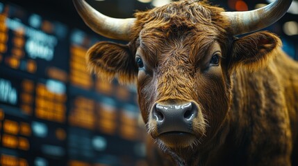 A powerful bull is showcased prominently in front of a large digital stock market display filled with various financial data and trends. The atmosphere combines agriculture with finance.