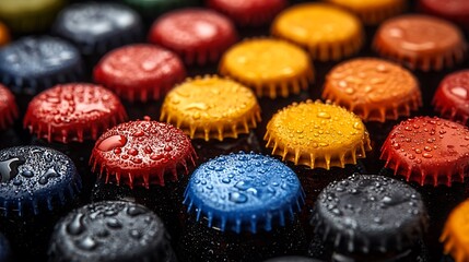 High contrast image of colorful beer bottle caps on a black surface