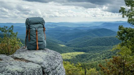 Backpack rests on rock. Hills and forest fill background. Cloudy skies above. Hiking gear on a peak. Landscape scene. Adventure travel.