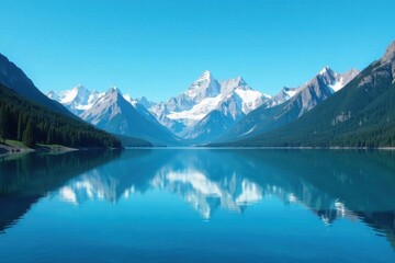 Naklejka premium Serene mountain lake reflecting snow-capped peaks under a vibrant blue sky, a breathtaking natural landscape