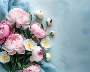 Pink and white peonies with delicate buds rest on a textured blue surface, accented by flowing light blue fabric