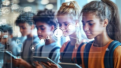 Digital Native Generation: A group of young students immersed in digital learning. Capturing the blend of education, future skills, and connectivity - Powered by Adobe