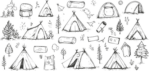 Obraz premium Hand-drawn camping elements including tents, trees, and outdoor gear illustrations.
