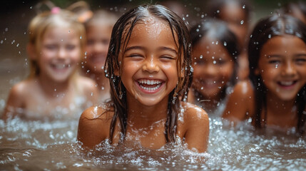 Obraz premium Diverse Group of Joyful Children Enjoying a Fun Day in a Swimming Hole Surrounded by Nature