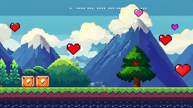 Pixel art game scene, mountains, hearts, collecting, adventure