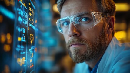 An engineer wearing safety goggles studies data displays in a petrochemical factory. The focus is on the intricate processes of chemical synthesis and automated engineering.