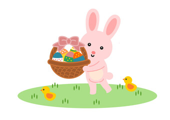 イースターエッグの入った籠を持つかわいいウサギ