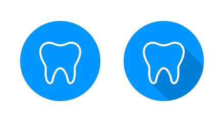 Tooth outline icon with long shadow. Medical molars sign symbol on blue circle