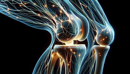 Medical science A close-up artistic visualization of a human knee joint showing the femur and tibia, with neural pat3
