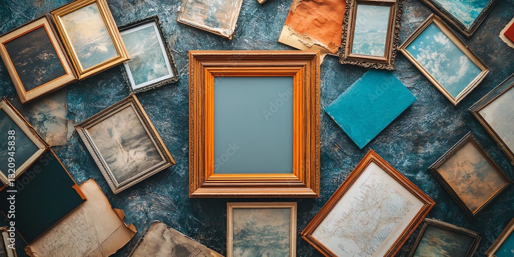 Poster arrangement of empty frames and old papers on dark textured backdrop