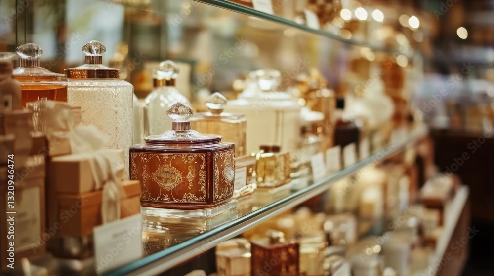 Poster a glass display case filled with various perfumes
