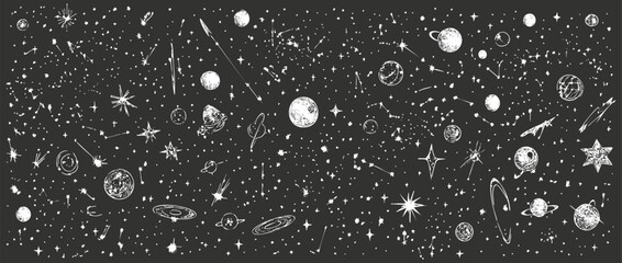 Fototapeta premium Monochrome cosmic pattern with stars, planets, and celestial objects.