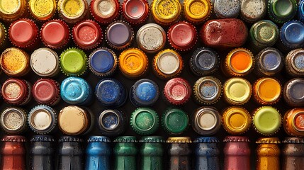 Beer bottle caps organized by color into distinct sections