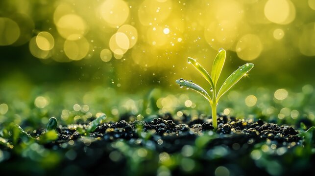 Fresh Green Sprout in Soil with Bokeh Background